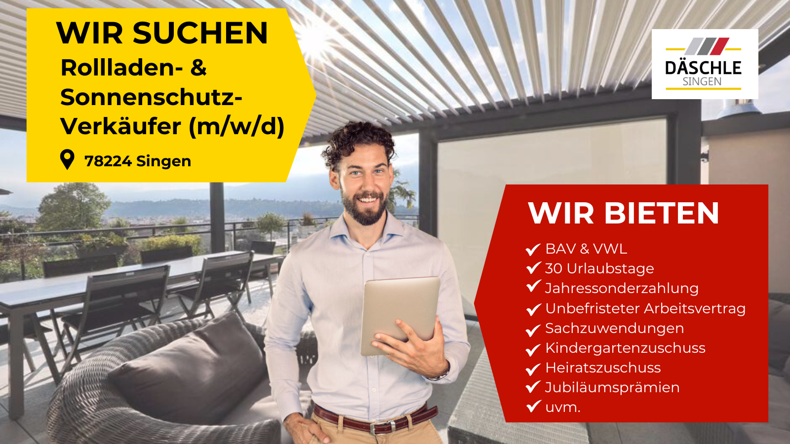 Rollladen- & Sonnenschutz-Verkäufer Däschle für Singen, Radolfzell, Stockach, Konstanz, Allensbach, Schaffhausen, Kreuzlingen, Friedrichshafen, Tuttlingen